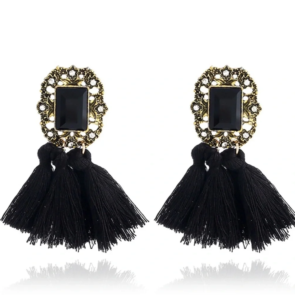 Gemstone Crystal Tassel Drop Earrings Women Color Black & Gold